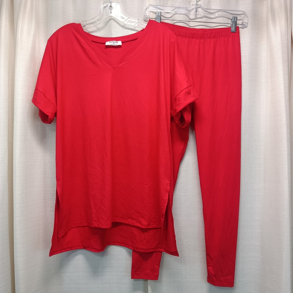Zenana Red 2 Piece Lounge Set Womens M Oversized V-Neck Tunic & Leggings Casual